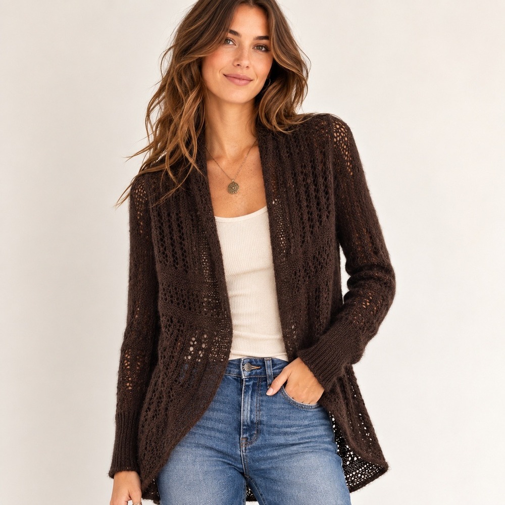 Helen Welsh Brown Mohair Wool Blend Pointelle Crochet Open Cardigan Sweater
